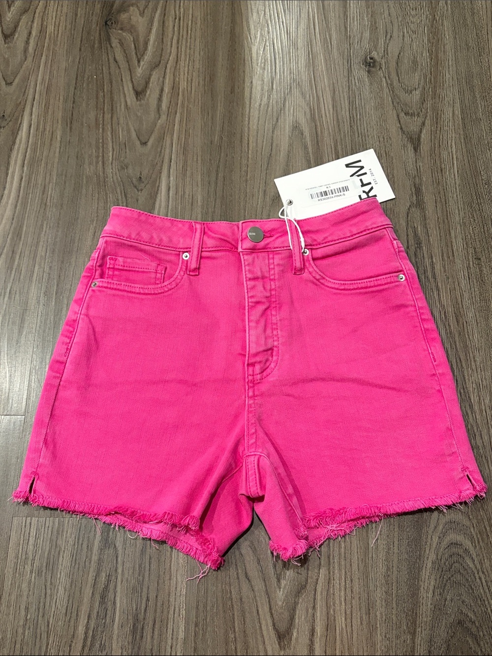 RFM High-Waist Pink Denim Shorts with Frayed Hem
